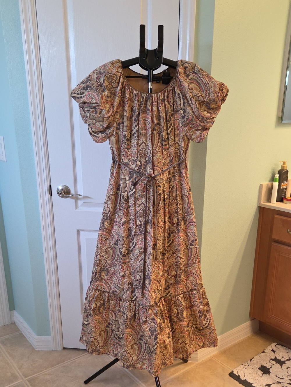 Bohemian Paisley Maxi Dress with Puff Sleeves in Pink and Tan